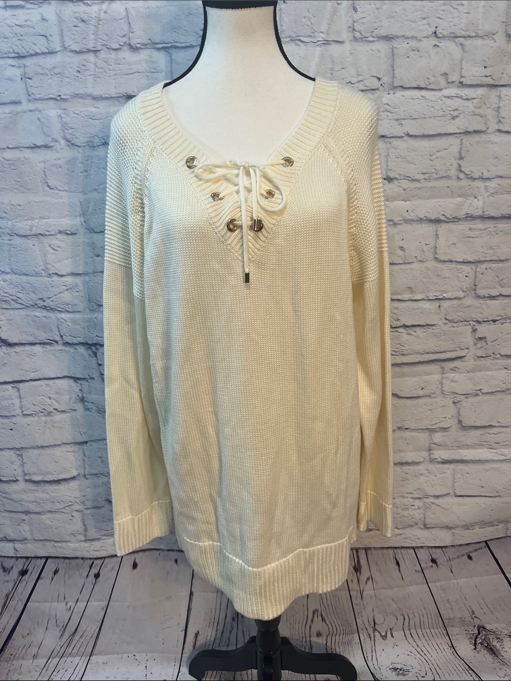 Calvin Klein Laced-Up Knit Sweater NWT Grommets w Logo Size XL Cream